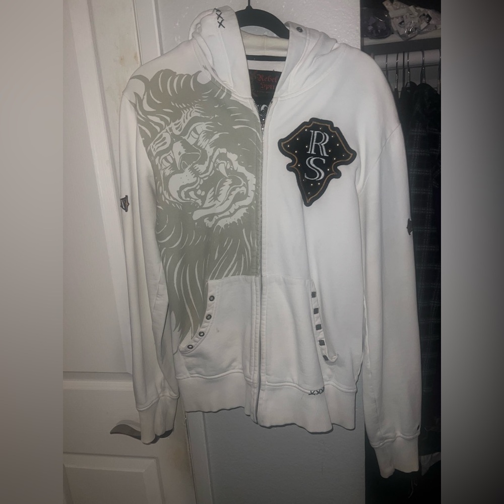 Rebel Spirit White Zip Up Hoodie Swords Yellow Embroidery Lion Mens M